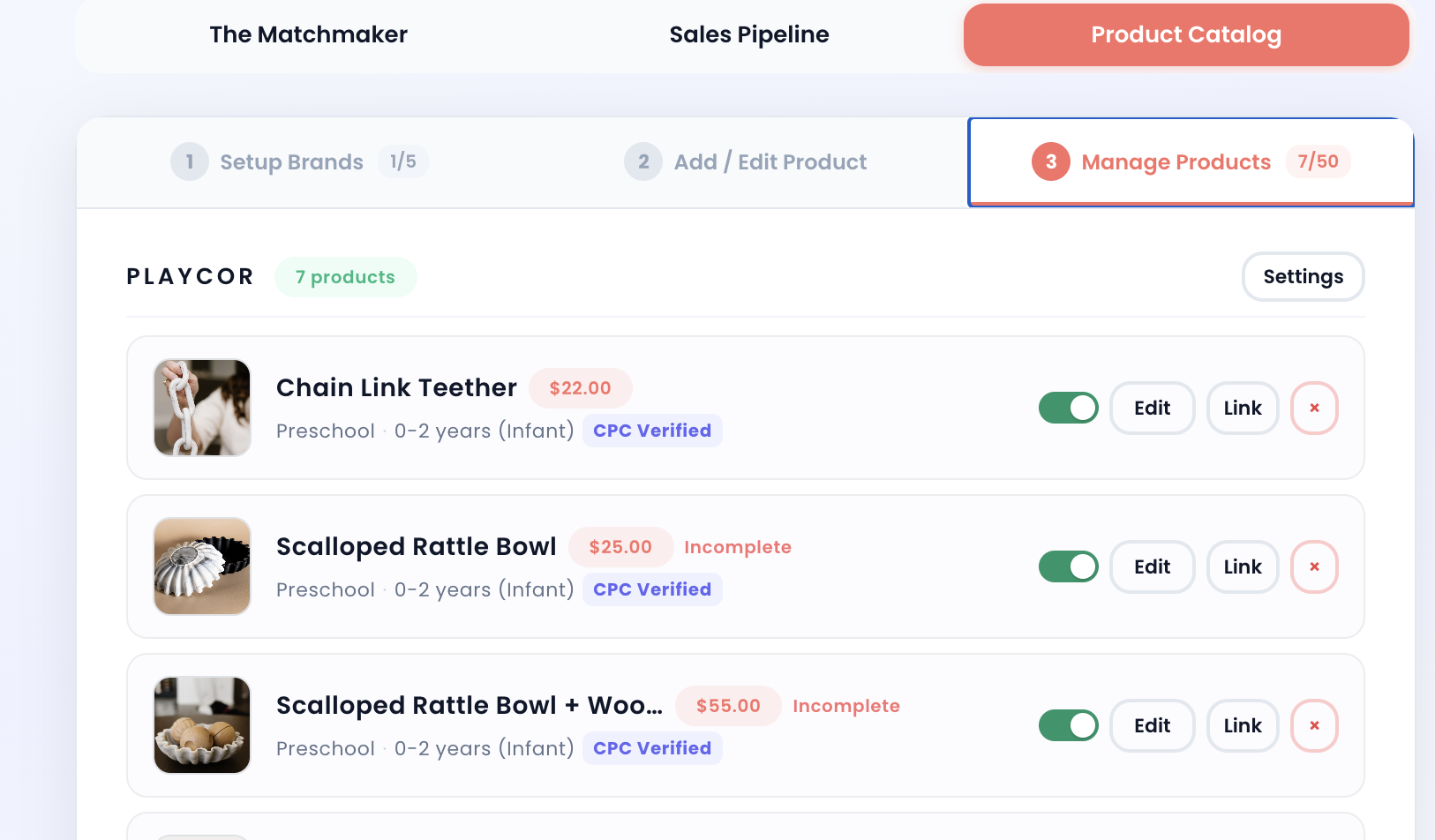 Product catalog and profile setup screen